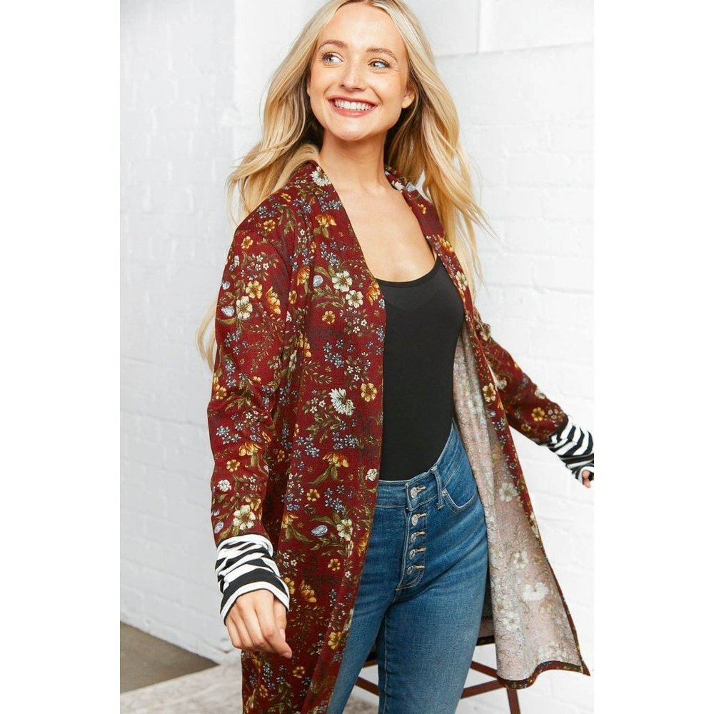 Burgundy Floral Stripe Cardigan with Thumbholes - Picture 7 of 10